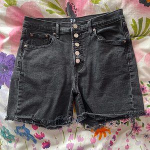 GAP exposed button fly raw hem black stretch denim shorts, 27